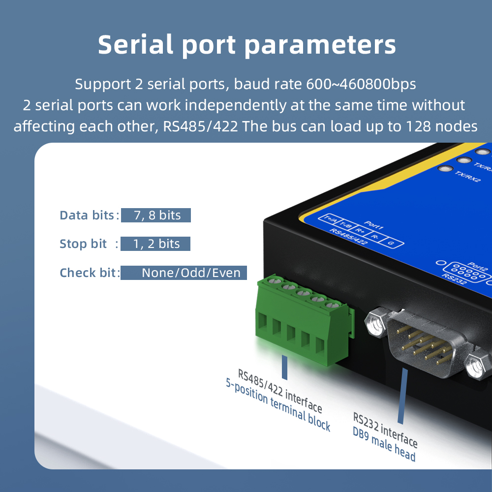 1 Port RS232 + 1 Port RS485/422 Serial to 100M Ethernet Server