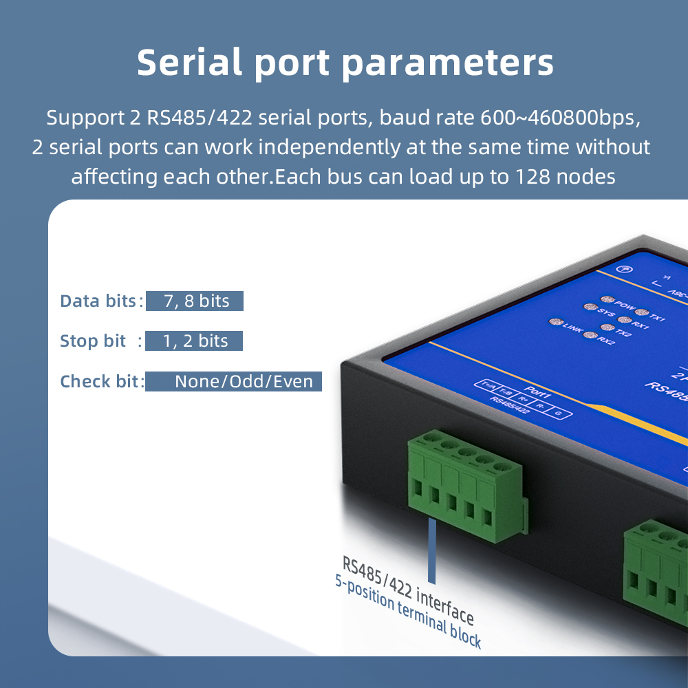 2 Ports RS485/422 Serial to 100M Ethernet Opto-isolated Server