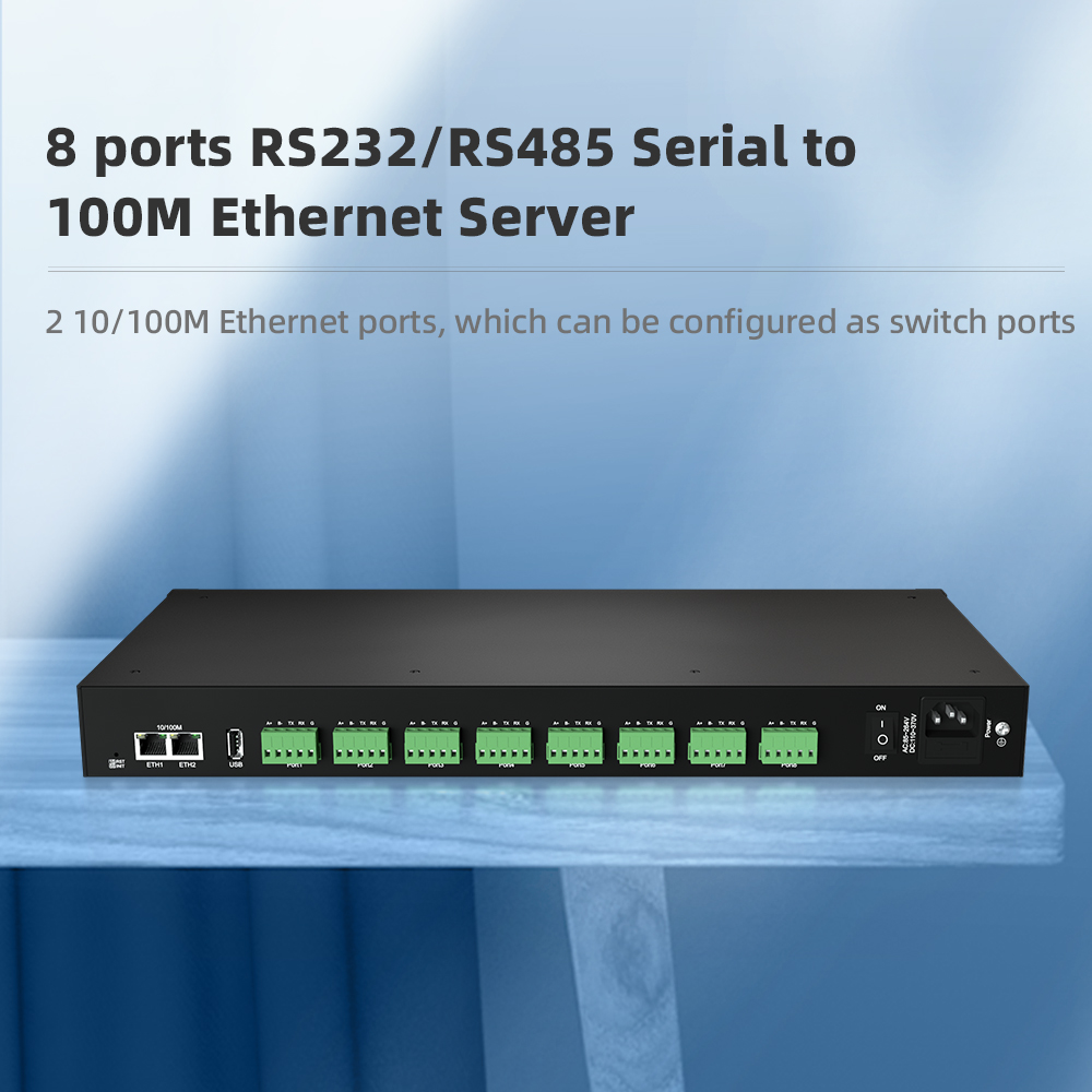 8 Ports RS232/485 Serial to 100M Ethernet Server