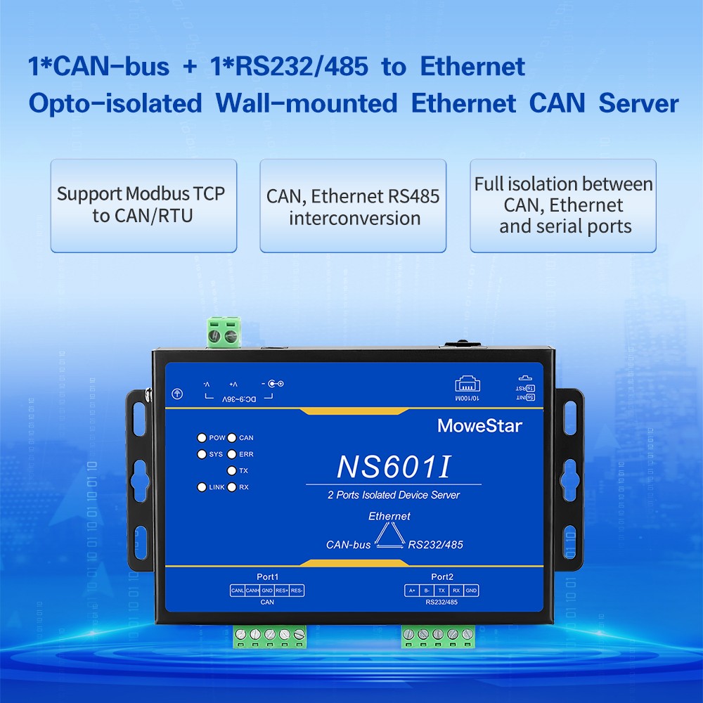 1 Port CAN-bus + 1*RS232/485 To Ethernet Opto-isolated Wall-mounted Ethernet CAN-bus Server