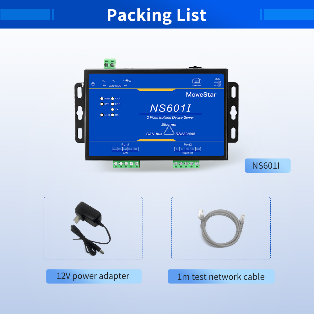 1 Port CAN-bus + 1*RS232/485 To Ethernet Opto-isolated Wall-mounted Ethernet CAN-bus Server