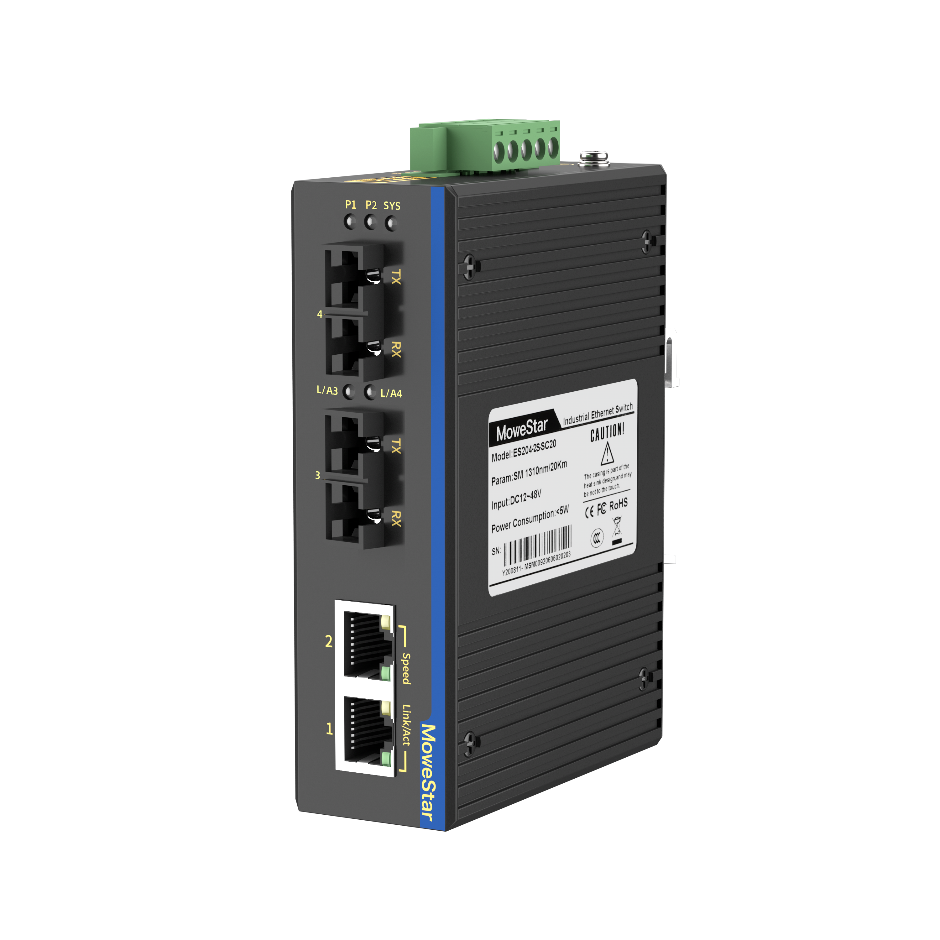 2 Ports 100M F(x) + 2 Ports 10/100M T(x) Din-Rail Unmanaged Industrial Ethernet Switch