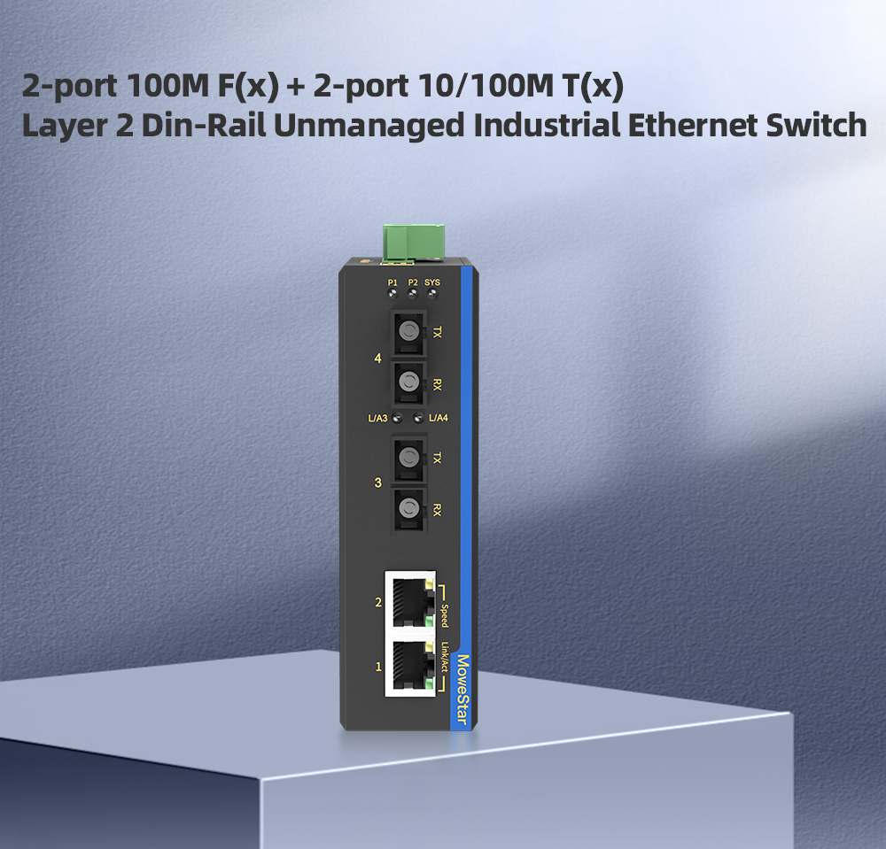 2 Ports 100M F(x) + 2 Ports 10/100M T(x) Din-Rail Unmanaged Industrial Ethernet Switch