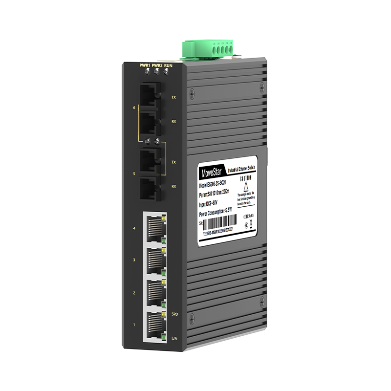 2 Ports 100M F(x) + 4 Ports 10/100M T(x) Din-Rail Unmanaged Industrial Ethernet Switch