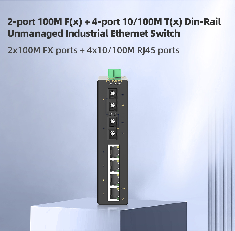 2 Ports 100M F(x) + 4 Ports 10/100M T(x) Din-Rail Unmanaged Industrial Ethernet Switch