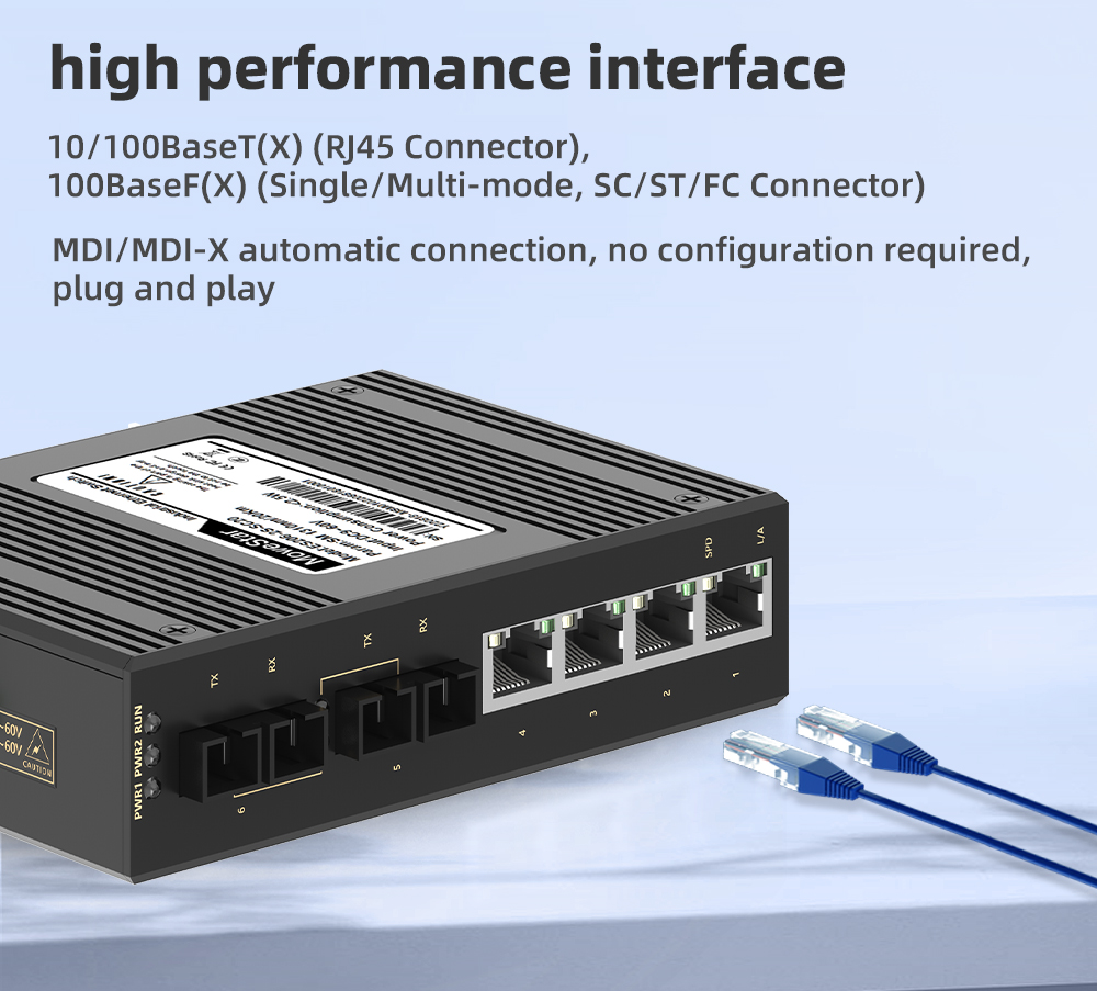 2 Ports 100M F(x) + 4 Ports 10/100M T(x) Din-Rail Unmanaged Industrial Ethernet Switch