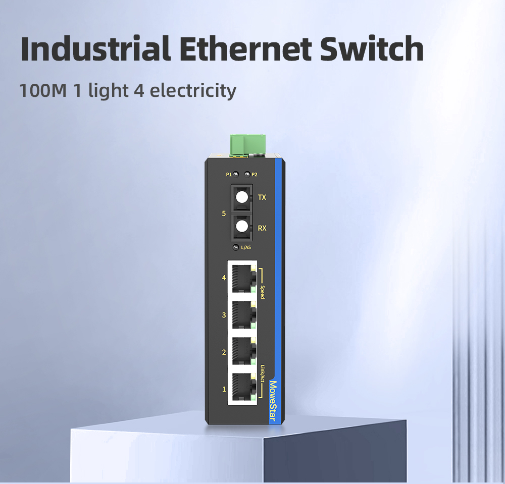 1 Port 100M F(x) + 4 Ports 10/100M T(x) Din-Rail Unmanaged Industrial Ethernet Switch