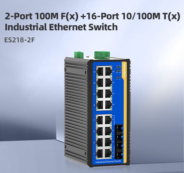 2 Ports 100M F(x) + 16 Ports 10/100M T(x) Din-Rail Unmanaged Industrial Ethernet Switch