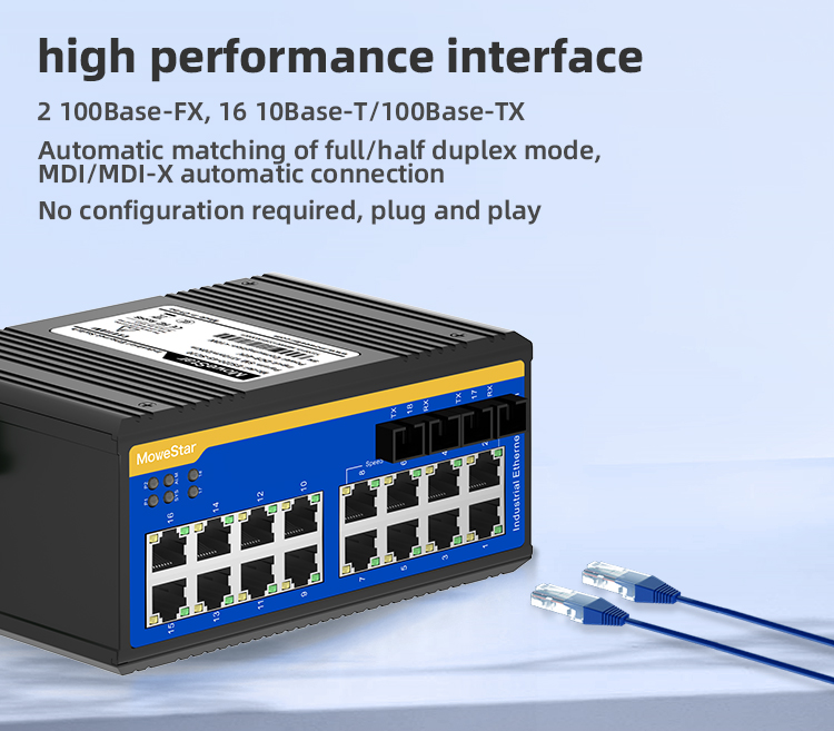 2 Ports 100M F(x) + 16 Ports 10/100M T(x) Din-Rail Unmanaged Industrial Ethernet Switch