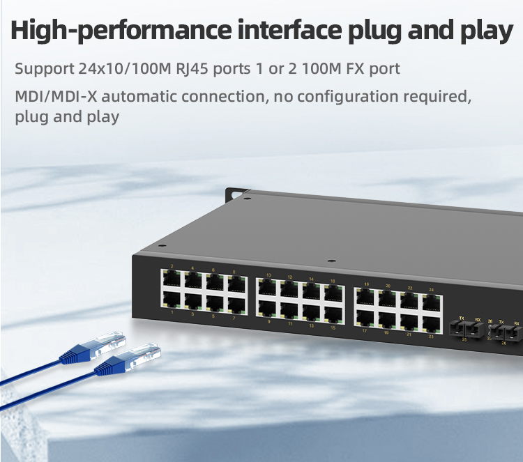 2 Ports 100M F(x) + 24 Ports 10/100M T(x) Rack-mount Unmanaged Industrial Ethernet Switch