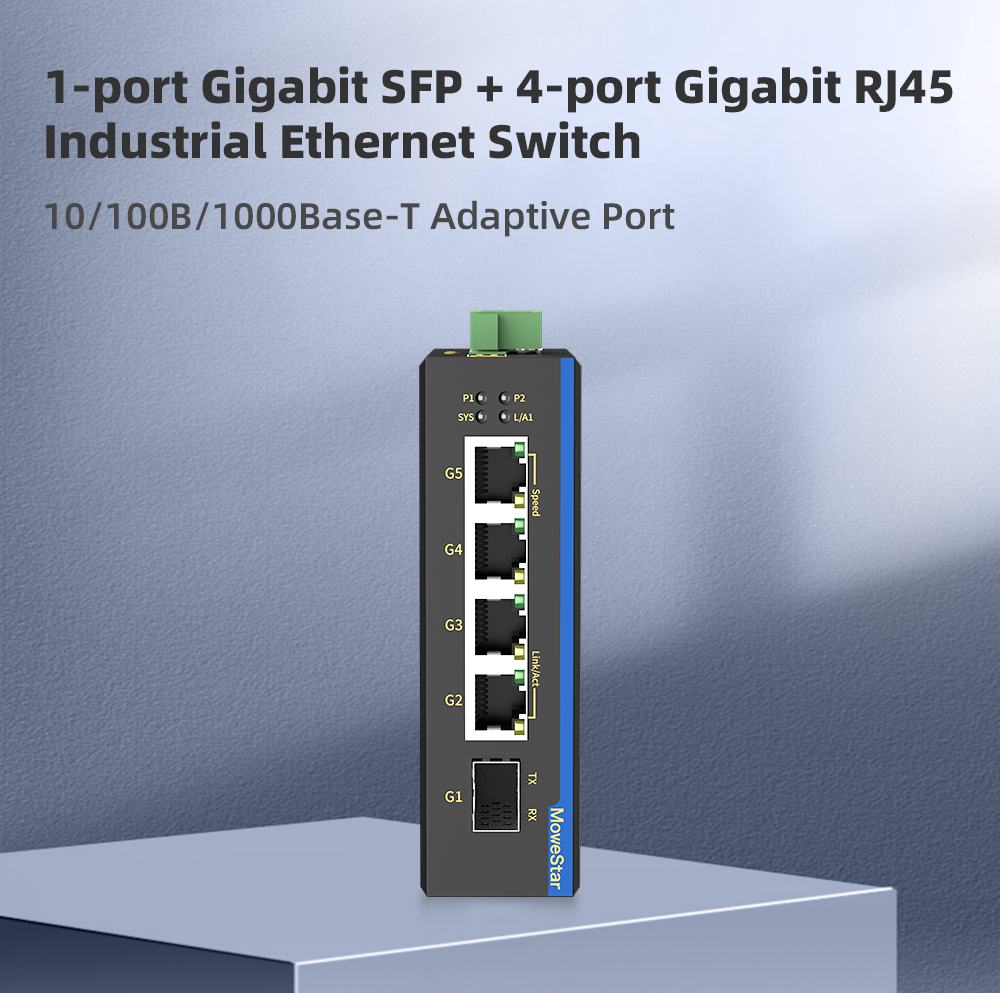 1 Port Gigabit SFP + 4 Ports Gigabit RJ45 Din-Rail Unmanaged Industrial Ethernet Switch