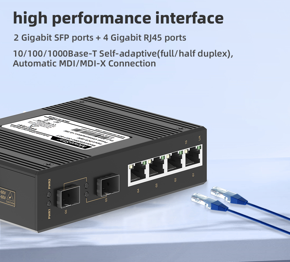2 Ports Gigabit SFP + 4 Ports Gigabit RJ45 Din-Rail Unmanaged Industrial Ethernet Switch