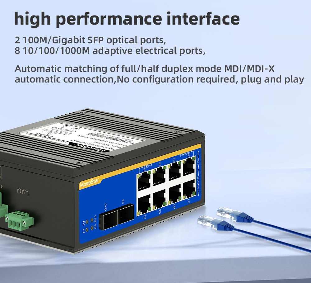 2 Ports Gigabit SFP + 8 Ports Gigabit RJ45 Din-Rail Unmanaged Industrial Ethernet Switch
