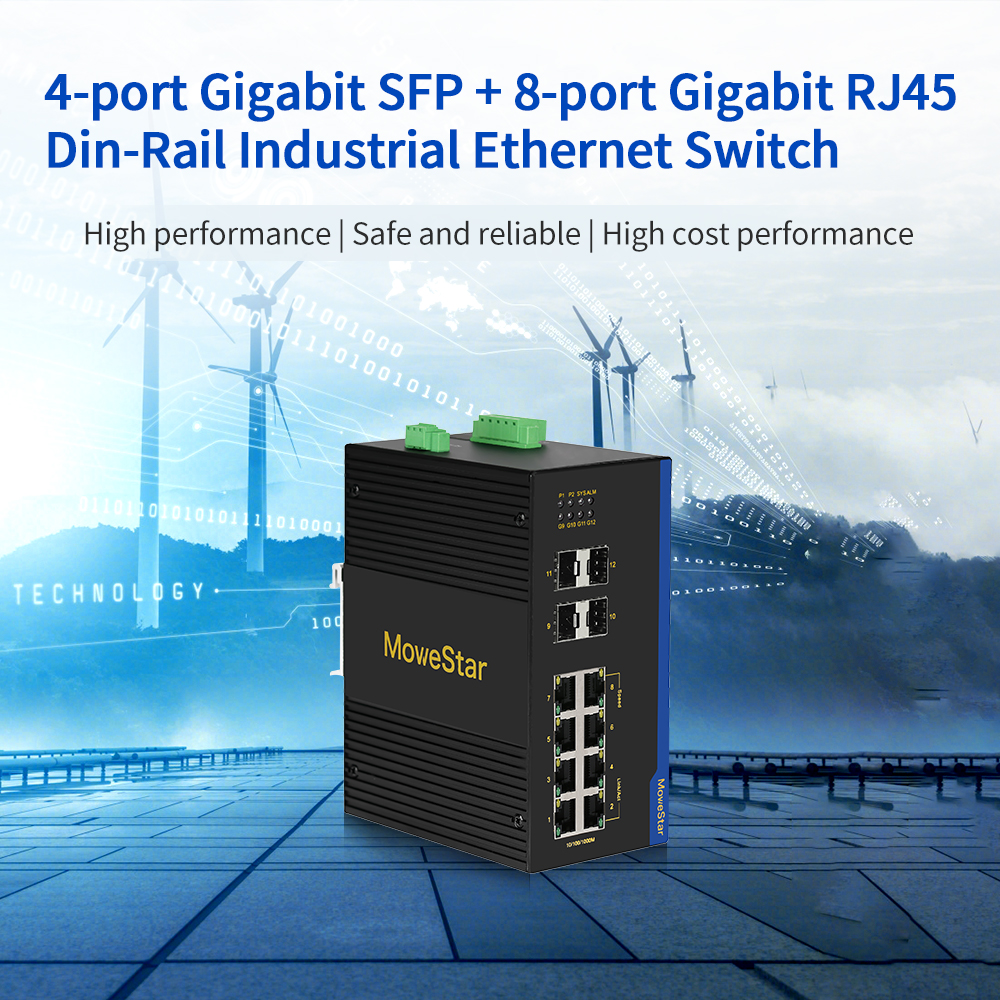 4 Ports Gigabit SFP + 8 Ports Gigabit RJ45 Din-Rail Unmanaged Industrial Ethernet Switch