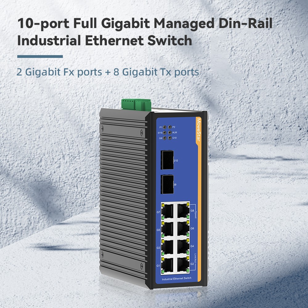 2 Ports Gigabit SFP + 8 Ports Gigabit T(x) Din-Rail Managed Industrial Ethernet Switch
