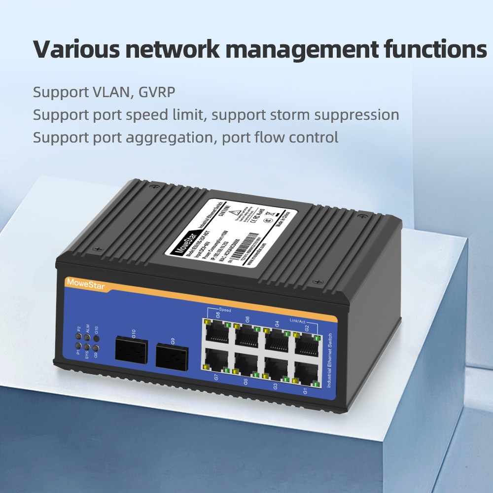 2 Ports Gigabit SFP + 8 Ports Gigabit T(x) Din-Rail Managed Industrial Ethernet Switch