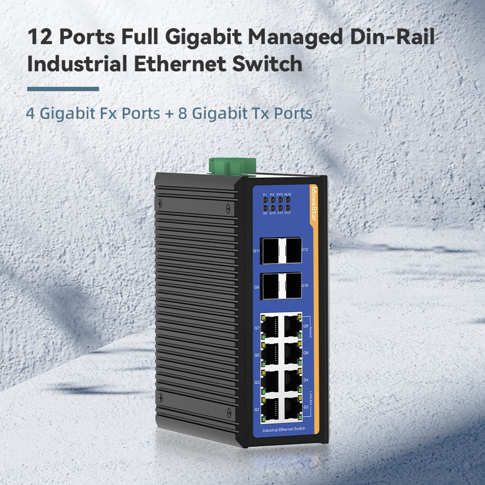 4 Ports Gigabit SFP + 8 Ports Gigabit RJ45 Din-Rail Managed Industrial Ethernet Switch