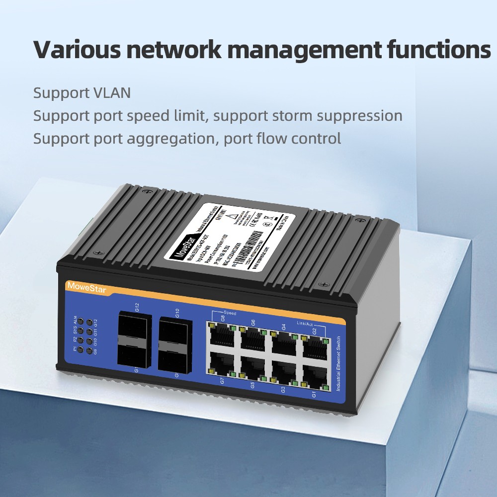 4 Ports Gigabit SFP + 8 Ports Gigabit RJ45 Din-Rail Managed Industrial Ethernet Switch