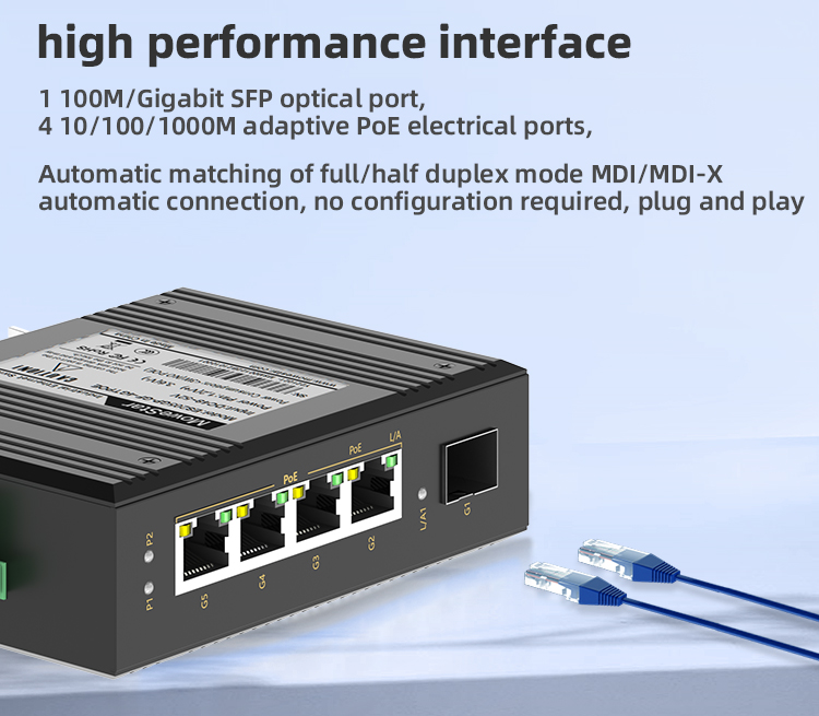 1 Port Gigabit SFP + 4 Ports Gigabit PoE RJ45 Din-Rail Unmanaged Industrial PoE Switch