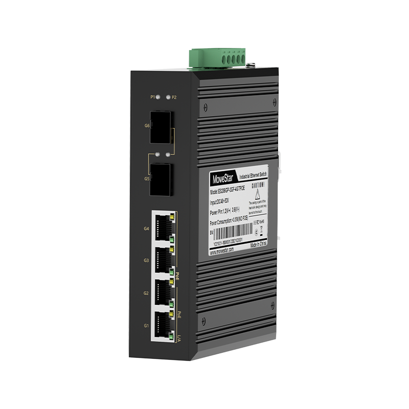 2 Ports Gigabit SFP + 4 Ports Gigabit PoE RJ45 Din-Rail Unmanaged Industrial PoE Switch