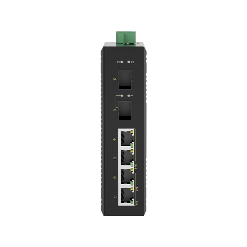 2 Ports Gigabit SFP + 4 Ports Gigabit PoE RJ45 Din-Rail Unmanaged Industrial PoE Switch