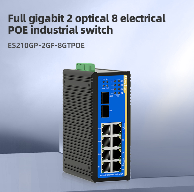 2 Ports Gigabit SFP + 8 Ports Gigabit PoE RJ45 Din-Rail Unmanaged Industrial PoE Switch
