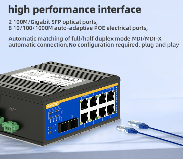 2 Ports Gigabit SFP + 8 Ports Gigabit PoE RJ45 Din-Rail Unmanaged Industrial PoE Switch