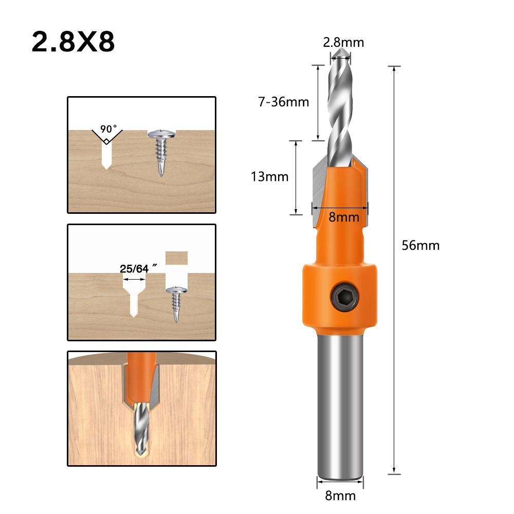 Carpentry counterbore drilling cone hole drilling 2.8mmX8mm