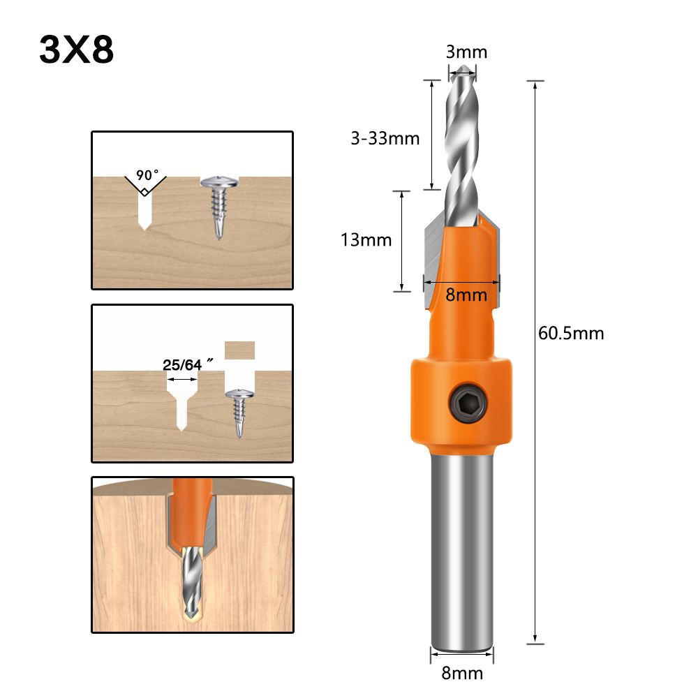 Carpentry counterbore drilling cone hole drilling 3mmX8mm