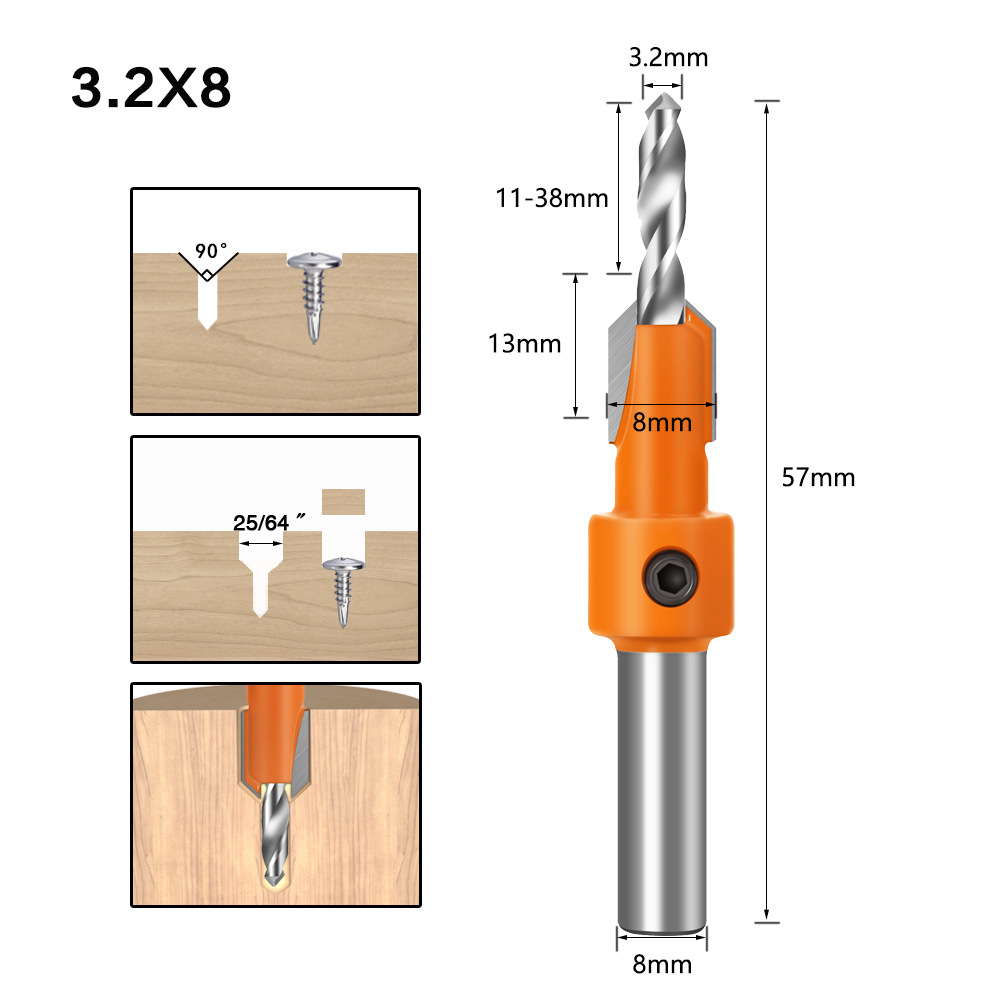 Carpentry counterbore drilling cone hole drilling 3.2mmX8mm