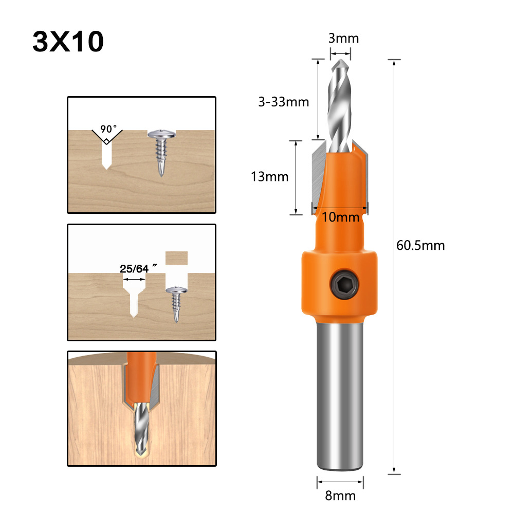 Carpentry counterbore drilling cone hole drilling 3mmX10mm